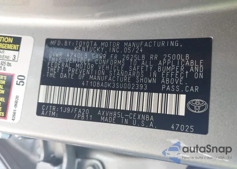 2025 Toyota Camry Le from USA, damaged, VIN 4T1DBADK3SU002393